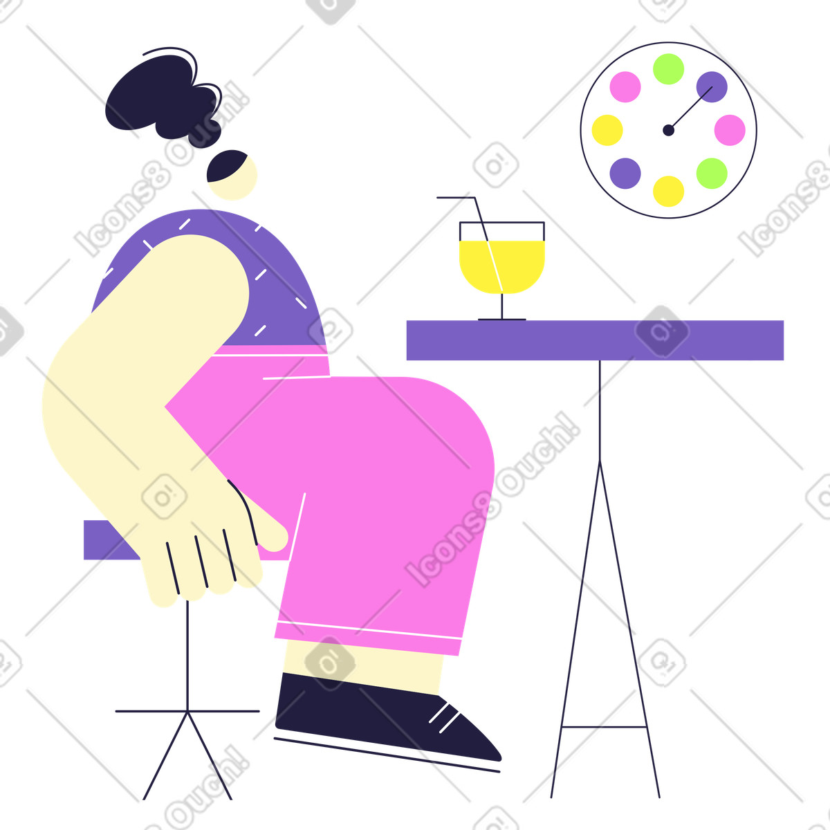 Woman with glass of juice waiting at the cafe illustration in Mellow style download in PNG, SVG