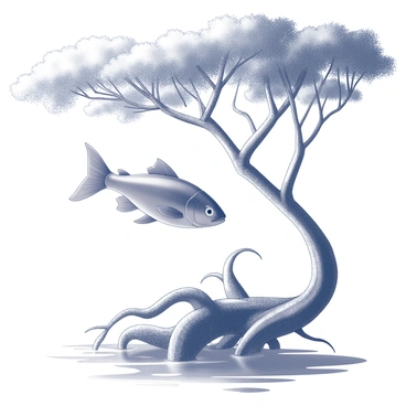 A fish with elongated fins gliding gracefully through the air. It is navigating the intricate, twisted roots of a mangrove forest. The roots are gnarled and crisscrossing, creating a complex network that the fish maneuvers through. The scene captures the texture of the roots and the fluid motion of the fish, highlighting the contrast between water and air. Sunlight filters through the dense foliage above, casting shadows on the roots below.