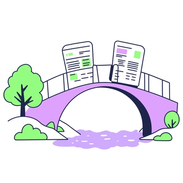 A bridge is constructed entirely from connecting invoices, arching gracefully over a flowing river. The invoices are stacked and arranged in such a way that they create a sturdy structure, with some invoices visibly displaying text and numbers. Below the bridge, the river reflects the light, creating ripples that contrast with the rigid forms of the invoices. On one side of the bridge, a cluster of trees stands, their branches reaching towards the sky. The overall scene conveys a sense of innovation in merging finance and infrastructure.