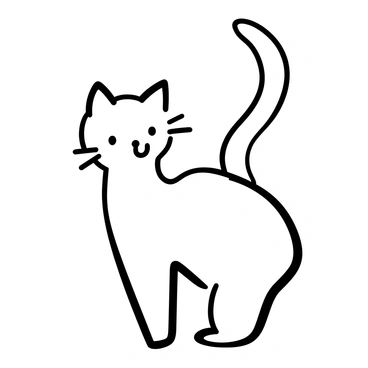 An outline of a cat, featuring a distinct and stylized silhouette. The cat has exaggerated whiskers that extend dramatically outward from its snout. The body is gracefully arched, showcasing its feline form. The ears are pointed and alert, contributing to the cat's expressive posture. The tail is raised high, capturing the essence of the animal's playfulness.