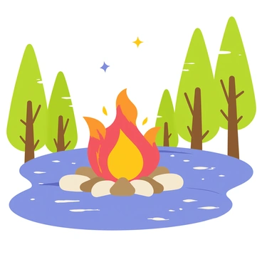 A campfire with vibrant orange flames is set beside a gently flowing river. The river reflects the warm orange glow of the flames, creating a shimmering effect on the water's surface. Surrounding the campfire are several smooth stones arranged in a circle. Tall green trees with lush foliage frame the scene, and a few twinkling stars can be seen in the night sky above.