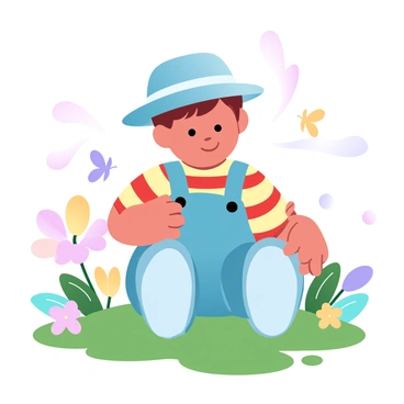 A baby is sitting on the grass in a garden, wearing colorful striped overalls and a matching sun hat. The overalls feature vibrant patterns of red, blue, yellow, and green stripes. Surrounding the baby are blooming flowers in various hues, including pink, purple, and yellow. Small butterflies flutter nearby, adding to the lively atmosphere of the garden. The sunlight casts gentle shadows on the ground, creating a warm and inviting scene.