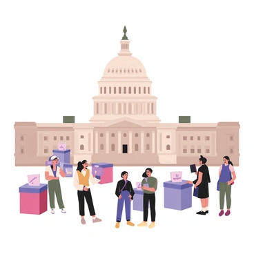 A digital flat illustration featuring the U.S. Capitol building prominently in the center. The Capitol is depicted with its iconic dome and columns, colored in white with a blue sky in the background. Surrounding the building are various symbols of democracy and voting. There are colorful ballot boxes in red, blue, and yellow, placed in front of the Capitol. Multiple voting signs in different colors display phrases like "Vote" and "Your Voice Matters." A group of diverse people is depicted nearby, gathered around the ballot boxes, engaging in a discussion about voting. Each person has different attire to represent diversity.