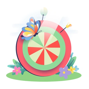 A colorful butterfly with blue and orange wings is resting on a circular dartboard. The dartboard has alternating red and green sections, with several darts protruding from it. Surrounding the dartboard, there are vibrant flowers in shades of pink, purple, and yellow. Green grass covers the ground, and a few leafy plants are visible in the background. Soft sunlight filters through the trees, creating a gentle illumination of the scene.