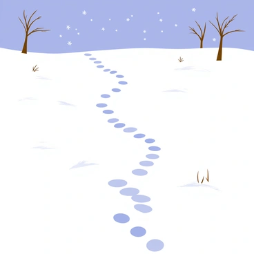 A winding trail marked by ancient footprints through a snowy field