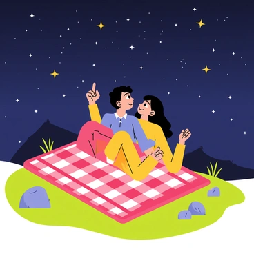 A couple lying on a red and white checkered blanket atop a green mountain, with their heads resting close together. The sky above them is a deep shade of navy blue, speckled with bright, twinkling stars. The couple is gazing upward, both smiling as they point at different constellations. Surrounding them are a few scattered rocks and patches of grass, enhancing the natural setting. In the distance, the silhouette of other mountains can be seen under the starry sky.