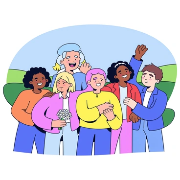 A group of friends is gathered outdoors, smiling and embracing each other tightly. Each friend has a different style of clothing, showcasing a variety of colors and patterns. The background features a simple, gently sloping hill with greenery. A clear blue sky overhead adds to the cheerful atmosphere. In the center, one friend holds a small white bouquet of flowers, symbolizing renewal. Another friend has a joyful expression, arms raised in excitement. Everyone's faces radiate happiness as they celebrate together.