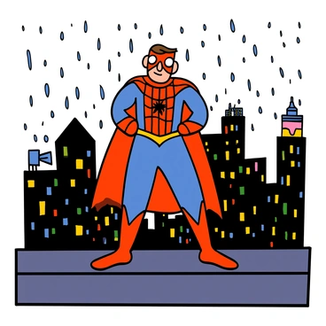 A superhero with a red and blue suit featuring a web pattern stands confidently on a rooftop. Rain is falling around him, creating a glistening effect on his suit. The city lights below illuminate the scene, casting colorful reflections on the wet surfaces. The superhero's mask has large white eye lenses, and he is poised in a dynamic stance, looking out over the city with determination. The skyline is dotted with tall buildings and vibrant neon signs.