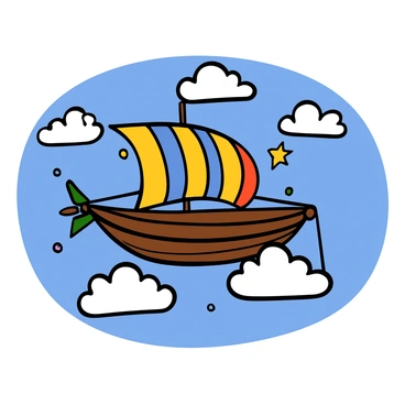 An airship with a sleek, elongated body is soaring through fluffy white clouds. The airship is adorned with vibrant, colorful sails that appear to shimmer with a magical glow, suggesting they are enchanted. The sky is a bright blue, with a few scattered clouds in the background. Sunlight creates highlights on the sails, enhancing their mystical appearance. The airship has a wooden deck, and small details like ropes and pulleys can be seen, adding to its fantastical design.