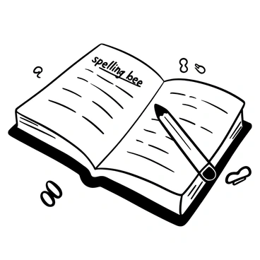 An open dictionary lying on a wooden surface, with the pages visible and spread apart. The word "spelling bee" is prominently highlighted in bold text on one of the pages. A pencil is placed nearby, resting on the same surface. A few scattered paper clips are also present around the dictionary, adding to the scene.