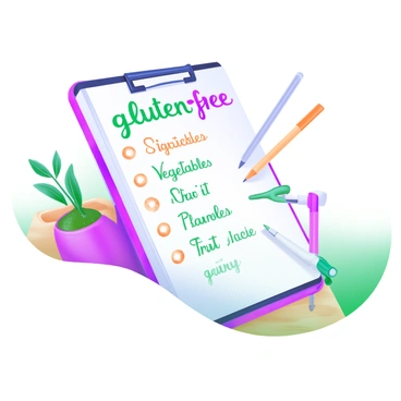 A modern pastel illustration featuring a handwritten grocery list on a notepad. At the top of the list, the words "gluten-free" are written in bold, colorful letters. The list includes various items such as fresh vegetables, fruits, and pantry staples, each item neatly written in a casual script. The notepad is placed on a light wooden surface, and there are a few colorful pens scattered around it. A small potted plant is visible in the background, adding a touch of greenery.