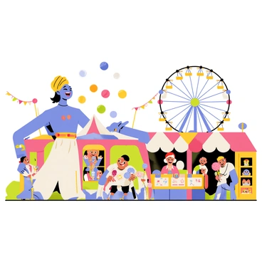 A lively genie with a vibrant blue skin tone and curly hair wearing a golden turban is surrounded by carnival games and rides. The genie is laughing as it tosses colorful bean bags toward a row of laughing visitors who are eagerly trying to win prizes. Brightly colored booths filled with stuffed animals and balloons are set up nearby. In the background, a tall Ferris wheel spins under a clear sky, with families enjoying the view from their cabins. Colorful lights and streamers decorate the fairground, adding to the festive atmosphere. Happy visitors are seen eating cotton candy and playing games throughout the scene.