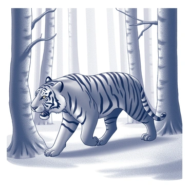 A saber-toothed tiger stalking prey in a frosty, dense forest