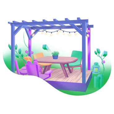 A cozy outdoor patio featuring a wooden table surrounded by comfortable chairs. The table is adorned with a small potted plant and colorful cushions. Above, string lights and fairy lights hang from the pergola, glowing softly in the twilight. The floor is made of wooden planks, while the surrounding area is filled with lush green plants and flowers, adding warmth to the setting. A lantern sits on one corner of the patio, emitting a gentle light, creating a welcoming atmosphere.