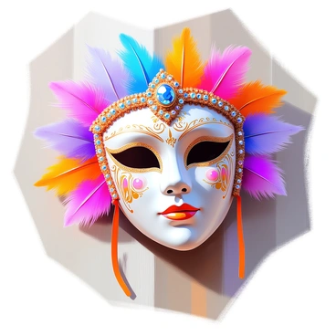 An intricate Venetian mask adorned with colorful feathers and sparkling jewels. The mask features elaborate designs carved into its surface, showcasing intricate patterns and fine details. The feathers cascade elegantly from the sides, creating a dramatic flair, while the jewels are strategically placed to catch the light and add an element of luxury. The background is softly blurred to draw attention to the mask's vibrant colors and textures.