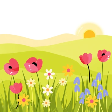 A vibrant field filled with various flowers including red poppies, yellow daisies, and blue cornflowers. Each flower is adorned with tiny droplets of shimmering morning dew, reflecting the light. In the background, a bright sun is rising, casting a golden glow across the scene and illuminating the flowers. The grassy field has different shades of green, enhancing the colors of the flowers while the sun's rays create a warm atmosphere.