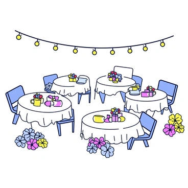 A charming garden party scene with several round tables covered in white tablecloths. Each table is adorned with small bouquets of colorful flowers in delicate vases. Surrounding the tables are various blooming flowers in vibrant colors, creating a lively atmosphere. Above the tables, string lights are hung, casting a warm glow over the scene. Chairs are arranged neatly around each table, inviting guests to sit and enjoy the party.