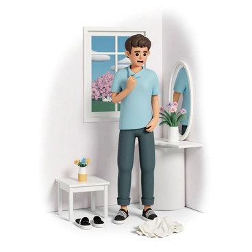 A character, a young adult with short brown hair and wearing a light blue shirt and dark jeans, stands in a small, cluttered room. They are nervously adjusting their collar in front of a mirror. On the floor, there are scattered clothing items, including a crumpled white shirt and a pair of black shoes. The character's expression shows a mix of excitement and anxiety. In the background, a window reveals a view of a cheerful neighborhood with blooming flowers and a clear blue sky. A small table holds a vase with fresh flowers, adding a touch of brightness to the scene.