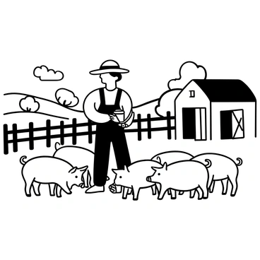 A farmer wearing a straw hat and overalls stands in a pen, holding a bucket filled with grain. Several pigs of various sizes are gathered around him, eagerly eating from the ground. The pen is enclosed by a wooden fence. In the background, rolling hills stretch out under a clear sky, dotted with a few trees and patches of grass. A barn is visible on one side, with its doors slightly ajar.