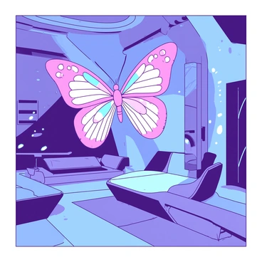 A 3D holographic butterfly with vibrant, intricate patterns is hovering in the middle of a sleek, futuristic room. The butterfly's wings are semi-transparent and emit a soft glow, creating a captivating visual effect. The room features smooth, metallic walls with soft curves, and there are soft ambient lights that reflect off the surfaces, casting gentle shadows. Futuristic furniture with sharp angles and metallic finishes surrounds the area, providing a modern contrast to the delicate butterfly. The atmosphere is filled with a sense of advanced technology and innovation.
