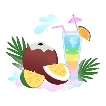 A coconut is positioned upright with a small opening at the top, from which fresh coconut water is being poured into a vibrant tropical drink. The drink is served in a tall glass, filled with colorful layers and ice, featuring a bright straw and a small decorative umbrella. Surrounding the glass are fresh tropical fruits such as pineapple slices and orange wedges, adding splashes of color. The scene is enhanced by lush green palm leaves in the background, creating a warm, inviting atmosphere.