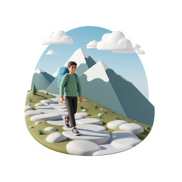 A hiker, wearing a blue backpack and sturdy hiking boots, is trekking along a challenging, rocky trail. The hiker is dressed in a green jacket and black pants, with a focused expression on their face. In the background, there is a majestic mountain range rising sharply against the sky, with peaks capped in snow. The rocky trail is surrounded by patches of grass and small shrubs, with sunlight casting shadows on the uneven terrain. The sky is clear with a few fluffy white clouds scattered above.