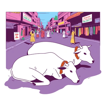 Two white cows are resting peacefully on a busy Indian street. The cows are lying down on the asphalt, surrounded by a vibrant mix of colorful shops and stalls. Brightly colored textiles hang from the storefronts, and people are walking by, some stopping to take a moment to admire the cows. A small orange flower garland is draped around the neck of one cow, adding a touch of decoration. The scene captures the contrast between the serene presence of the cows and the hustle and bustle of the street.