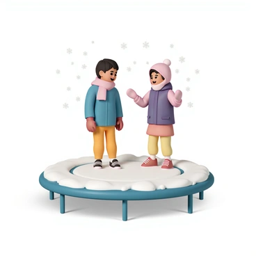 A trampoline, covered in a light dusting of white snow, sits in a snowy backyard. Two children, a boy and a girl, are bundled up in colorful winter jackets, scarves, and mittens. The boy is wearing a blue jacket and red gloves, while the girl is dressed in a purple jacket and pink mittens. They are both standing on the trampoline, laughing and looking at each other, ready to jump. Snowflakes gently fall around them, adding to the winter atmosphere.