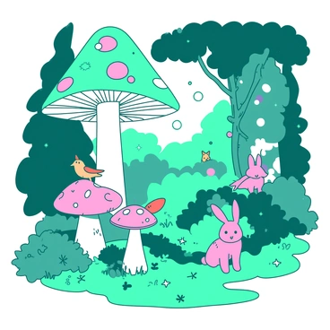 A teal magical forest is filled with whimsical animals such as small pink rabbits and colorful birds perched on oversized mushrooms. The mushrooms are towering, with vivid patterns and varying heights, creating a playful atmosphere. Sunlight filters through the leafy canopy, casting soft shadows on the forest floor covered with vibrant green moss. In the background, a small orange fox peeks out from behind a bush, curiously observing the scene. Faint sparkling lights float between the trees, adding to the enchantment of the forest.
