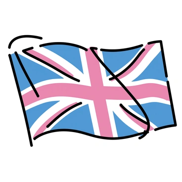 A British flag with vibrant red, white, and blue colors, displaying the Union Jack design. The flag is waving dynamically in the air, showcasing the bold lines and distinct pattern of the flag. The fabric appears to ripple as it catches the wind, creating a sense of movement and energy.