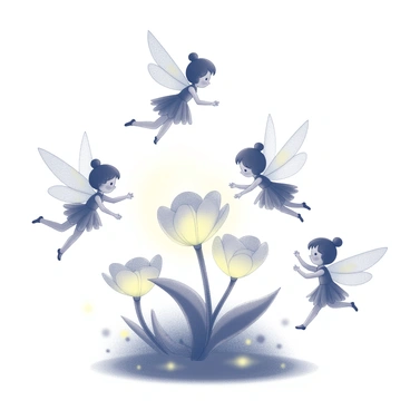 A whimsical fairy tale scene featuring several tiny fairies in motion. The fairies are delicately poised as they dance gracefully around a cluster of glowing ranunculus flowers. Each fairy has intricate wings, and their expressions reflect joy and enchantment. The ranunculus flowers are large in scale compared to the fairies, with detailed petals that appear luminous. The surrounding environment is filled with soft textures and shapes, enhancing the magical atmosphere of the scene.