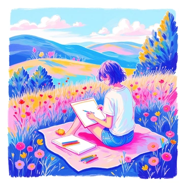 An artist is seated on a grassy hilltop, surrounded by an array of colorful wildflowers. They are intently focused on their sketchbook, capturing the vibrant images inspired by AI-generated nature art. The artist has short curly hair and is wearing a loose-fitting white shirt and denim shorts. Beside the artist, there is a set of colored pencils scattered across a blanket. In the background, rolling hills extend into the distance, and a soft blue sky is dotted with fluffy white clouds. A gentle breeze rustles the leaves of nearby trees.
