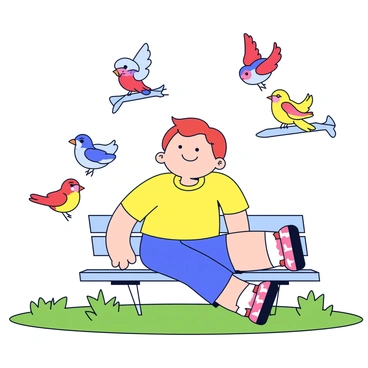 A slowboy with a round face and a gentle smile is sitting on a simple wooden bench in a park. He is wearing a bright yellow t-shirt and blue shorts. The park is filled with green grass and a few small trees in the background. Around him, there are colorful birds, including red, blue, and yellow ones, fluttering in the air. The birds are perched on nearby branches and some are flying low in front of him. The slowboy is looking up at the birds with curiosity and joy.