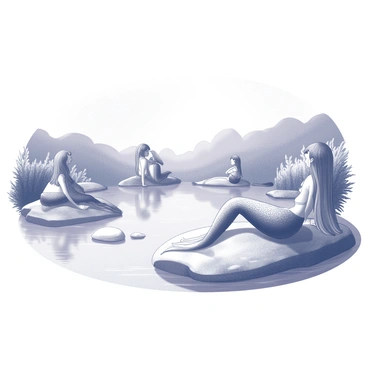 A lagoon with calm waters reflecting the surrounding landscape. Several mermaids are lounging on rocks at the water's edge. Each mermaid has distinct features, with long flowing hair and detailed scales on their tails. The rocks are slightly weathered and vary in size and shape. In the background, lush vegetation surrounds the lagoon, providing a natural frame for the scene. The overall atmosphere suggests a peaceful setting.