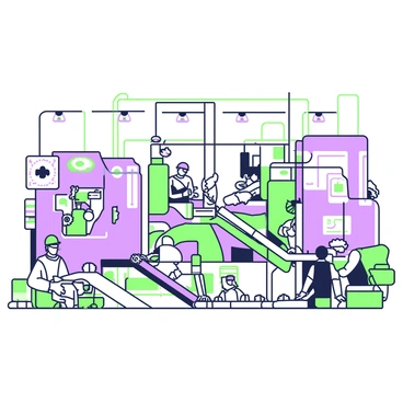 A bustling factory floor is filled with activity as workers operate machinery and oversee production. Large machines are positioned along the walls, each one designed to produce gears of various sizes. In the center, a network of conveyors transports gears from one section of the factory to another. Workers, wearing safety gear, are focused on their tasks, inspecting gears and adjusting machinery settings. Overhead, bright lights illuminate the space, highlighting the intricate details of the gears and the efficiency of the production process.