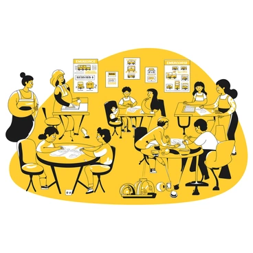 A group of children, aged six to ten, sitting at tables in a community center, focused on colorful worksheets about emergency safety. Some children are drawing pictures of emergency vehicles, while others are participating in a role-playing activity, pretending to call for help. In the background, posters depicting emergency numbers and safety tips are displayed on the walls. The atmosphere is lively, with a few adults supervising and guiding the children as they engage in fun, educational games. A table nearby holds various safety gear, such as helmets and reflective vests, which children are trying on as part of the activities.