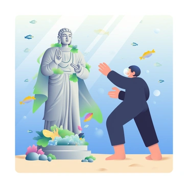 A diver with short, dark hair is exploring an underwater scene. He is wearing a black wetsuit and a transparent face mask. In front of him is a large, ancient statue, partially covered in marine growth such as green algae and colorful corals. The statue depicts a figure with intricate details, including flowing robes and a serene expression. Surrounding the statue are various schools of fish swimming by, their scales shimmering with hints of blue and yellow. Sunlight filters through the water's surface, creating a soft, dappled effect on the sandy ocean floor. The diver is reaching out towards the statue, showcasing a sense of wonder and discovery.