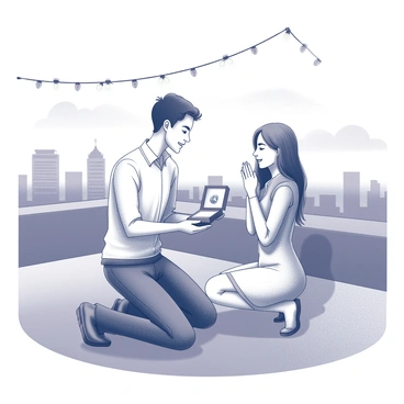 A couple is kneeling on a rooftop with a city skyline in the background. The man holds an open ring box, revealing a sparkling engagement ring. The woman looks surprised and overjoyed, with her hands covering her mouth. The skyline features tall buildings and a distant horizon, with soft clouds above. The couple is surrounded by decorative fairy lights strung across the rooftop, adding an intimate atmosphere to the scene.