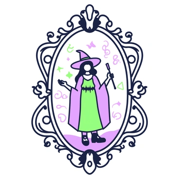 An ornate mirror is positioned centrally, featuring intricate designs on its frame, characterized by swirling patterns and decorative elements. Within the reflection of the mirror, a witch with long, flowing hair and a pointed hat is depicted. She stands with a confident posture, holding a wand in her right hand, while her left hand appears to be gesturing, casting a spell. The background of the mirror's reflection hints at a mystical environment with swirling smoke and sparkles, enhancing the magical atmosphere surrounding the image.