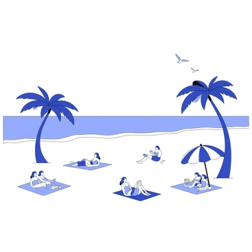 A beachfront scene featuring a wide expanse of sand and gentle waves lapping at the shore. Several palm trees are swaying in the breeze, their fronds casting shadows on the ground. In the foreground, there are beachgoers lounging on towels, some reading books while others are playing beach volleyball. A beach umbrella is positioned nearby, providing shade for a family enjoying a picnic. In the background, the ocean stretches out towards the horizon, with a few seagulls flying above.
