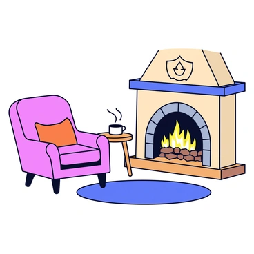A warm living room featuring a cozy fireplace with crackling flames. Next to the fireplace is a comfortable armchair with a soft, cushioned seat and a relaxed backrest. The walls of the room have a neutral color, and a small side table is positioned beside the armchair, holding a steaming cup of tea. A plush rug covers the wooden floor, adding to the inviting atmosphere.