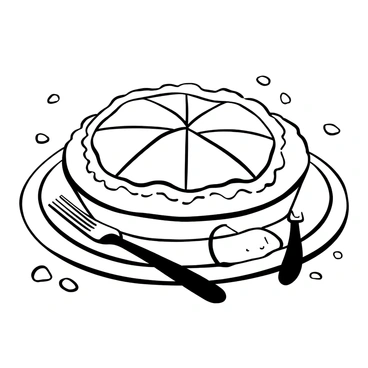 A close-up of a freshly baked "durian pie" displayed prominently on a white plate. The pie has a golden-brown crust with a glossy surface that reflects light. Neatly arranged slices of the pie showcase the creamy durian filling, which is slightly textured. The plate is placed on a simple, textured table surface, with a few crumbs scattered around for added detail. There is a fork resting next to the plate, hinting at its deliciousness.
