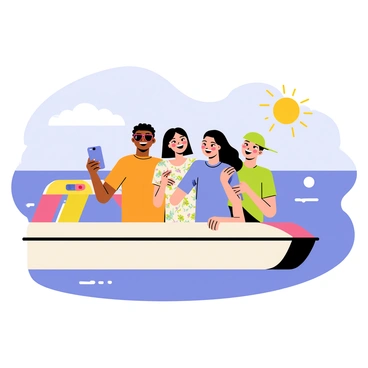 A group of friends laughing and taking selfies on the deck of a water taxi during a sunny afternoon