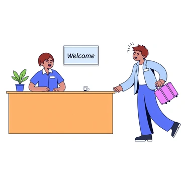 A hotel reception desk with a wooden counter and a potted plant placed on one side. Behind the counter stands a friendly receptionist with a warm smile, wearing a name tag. The receptionist has short brown hair and is dressed in a neat uniform. A guest is approaching the desk, carrying a small suitcase. The guest is looking at the receptionist, appearing slightly excited. A sign with "Welcome" is displayed on the wall behind the desk.