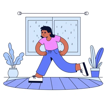 A person performing reverse lunges in a room with wooden flooring. The individual is wearing comfortable athletic clothing and has a focused expression. Outside the window, raindrops are falling against the glass, creating a pattern of small droplets. The room is softly lit, highlighting the person's movements. There are some indoor plants in the corners, adding a touch of greenery to the space.