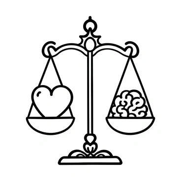 A set of scales positioned centrally, with one side holding a large "heart" and the other side holding a "brain." The scales are intricately designed, featuring ornate details on the arms and base. The background includes subtle lines representing a balanced equilibrium. Each element is clearly defined, emphasizing the contrast between the heart and the brain. The scene conveys a sense of balance and harmony between emotion and intellect.