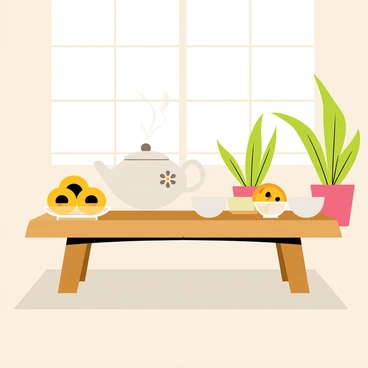 A tea ceremony set in a peaceful room with soft, natural light illuminating the space. In the center of the scene, a wooden low table holds a white teapot alongside delicate tea cups. The teapot has a floral design and steam gently rises from its spout. A small glass dish contains sliced passion fruit, showcasing its vibrant yellow-orange flesh and dark seeds. Surrounding the table are traditional tatami mats with a few potted green plants in the background, adding a touch of nature to the setting.
