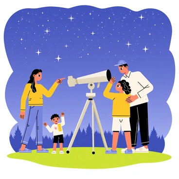 A family of four is gathered around a silver telescope set up on a grassy patch under a starry sky. The sky is deep blue with countless shiny white stars twinkling. The parents are pointing excitedly at the telescope, while the two children, one boy and one girl, are peering through the eyepiece. The girl has curly hair and is wearing a bright yellow jacket, while the boy has on a blue cap. The background features a silhouette of distant trees against the night sky, creating a tranquil scene of exploration and wonder.