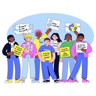 A diverse group of people stands together, each holding colorful signs that display various messages advocating for climate action. The individuals include men and women of different ethnicities and ages, showcasing a sense of unity. Some signs read "Save Our Planet" and "Act Now for a Greener Future," while others feature drawings of trees and the Earth. A few people are wearing t-shirts with environmental slogans. The background is a clear blue sky, enhancing the vibrant atmosphere of the gathering.