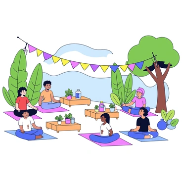 A reception area for a yoga retreat located outdoors, surrounded by lush greenery and tall trees. There are a few wooden tables set up, each adorned with small potted plants and bottles of water. Several participants are relaxing on yoga mats, some are sitting cross-legged while others are lying down with their eyes closed. The environment is bright and airy, with soft natural light filtering through the leaves. In the background, there are colorful banners fluttering gently in the breeze, adding a touch of vibrancy to the calm atmosphere.